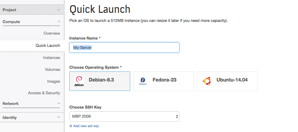 DreamCompute Dashboard Quick Launch