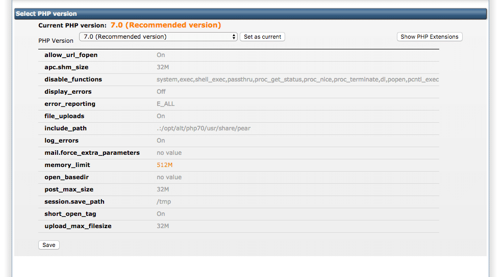 Antagonist DirectAdmin PHP settings