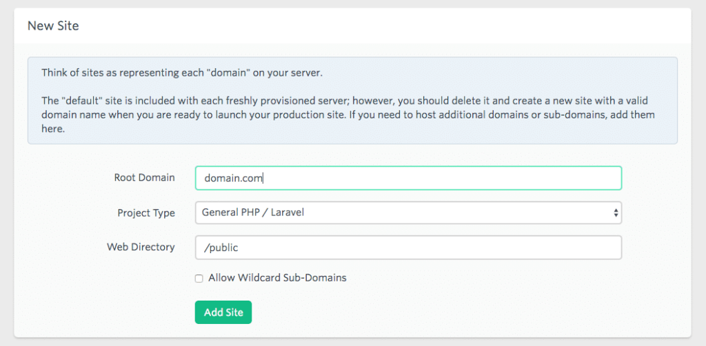 Laravel Forge Add New Site