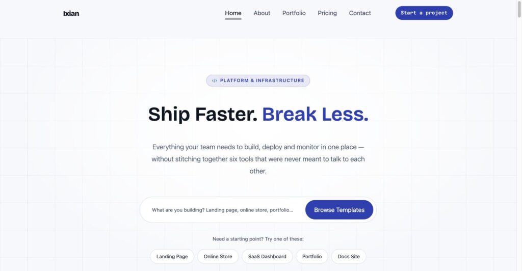 Ixian homepage hero on the demo site, showing the "Ship Faster. Break Less." headline, search bar and quick-pick chips