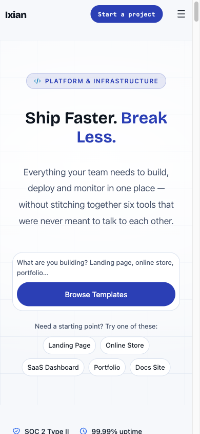 Ixian mobile hero showing the search bar stacked full-width above the Browse Templates button