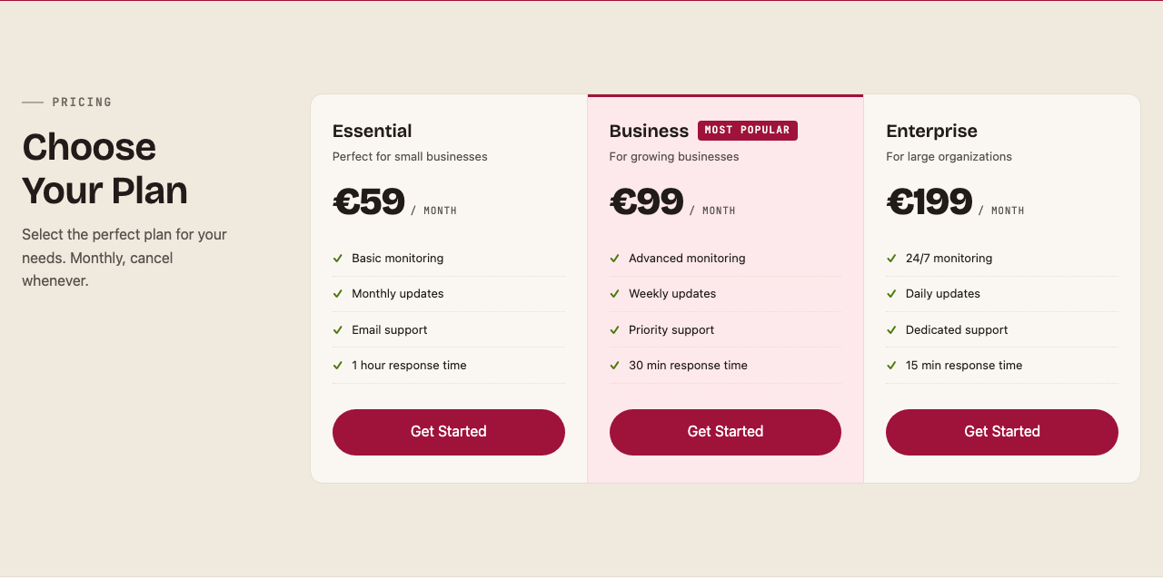 Aludra Pricing Tiers section: three plan cards beside a sticky heading, with the middle plan highlighted as most popular