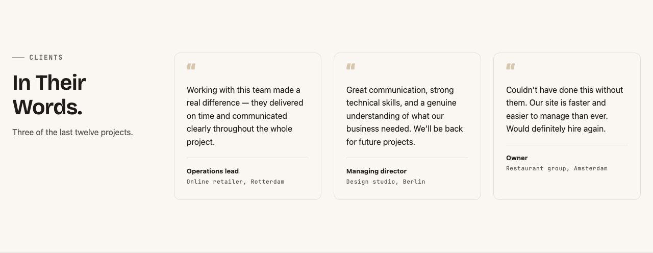 Aludra client reviews section: three testimonial cards with a quote, a role and a company location