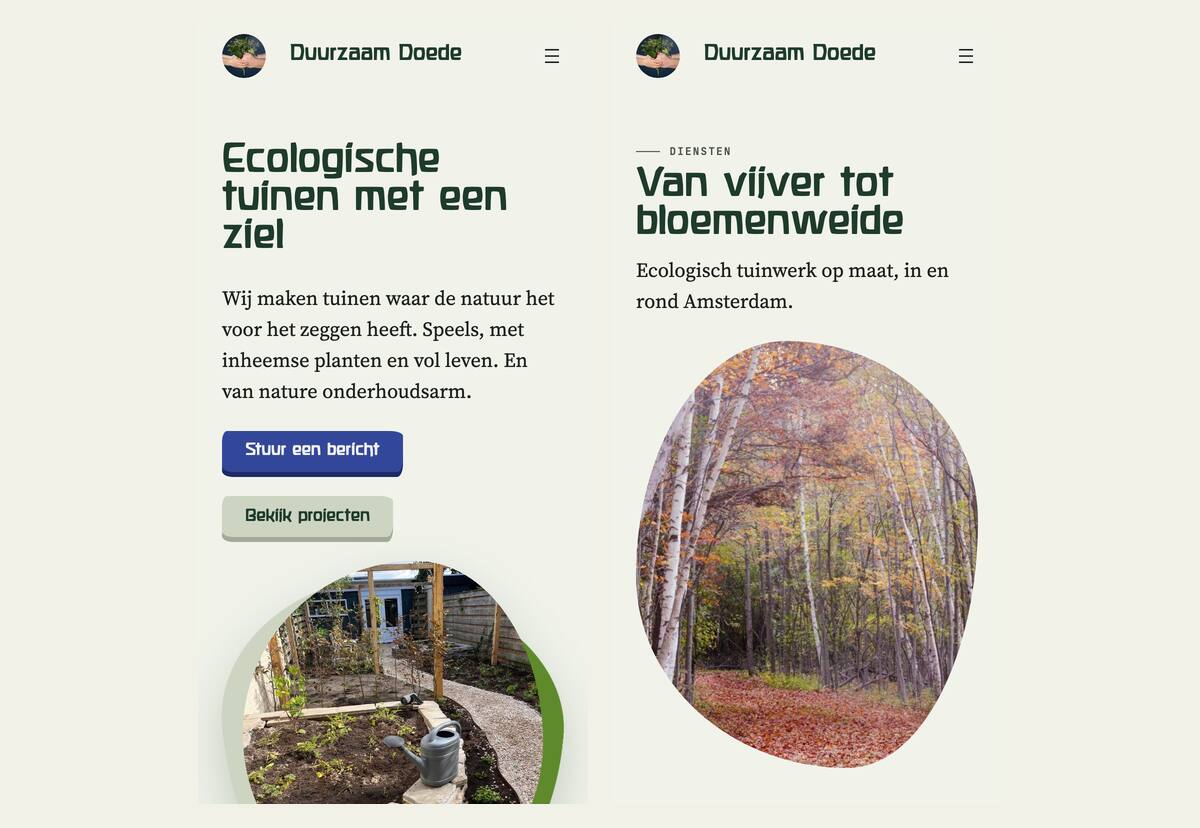 The Duurzaam Doede homepage and services page on a 390px phone screen