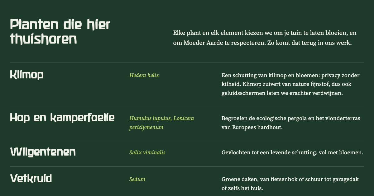 Duurzaam Doede homepage section listing native plants in a dark green band, built with the ecotuin block theme