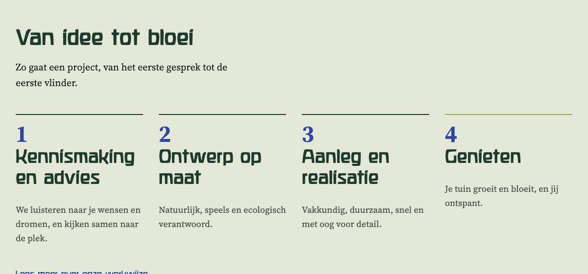 Four-step process section on the Duurzaam Doede homepage, from first conversation to a garden in bloom
