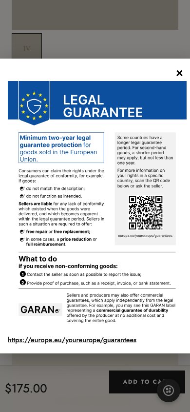 The legal guarantee notice open on a phone-width product page, filling the screen width