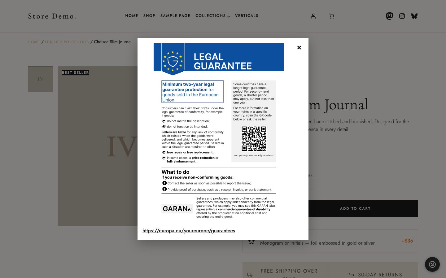 The same product page with the official legal guarantee notice open in a window over the page, with the Your Europe link below it
