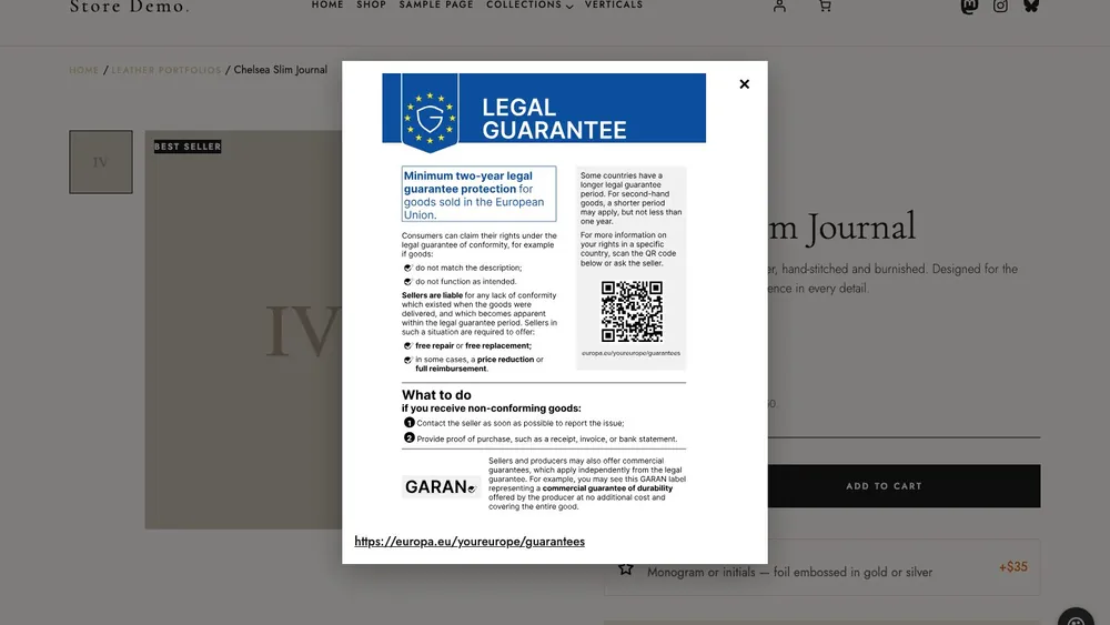 WooCommerce product page with the EU legal guarantee notice opened