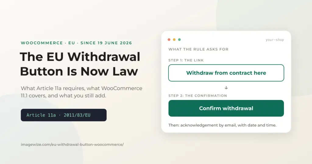 Headline "The EU Withdrawal Button Is Now Law" beside a mock-up of a "Withdraw from contract here" link followed by a "Confirm withdrawal" button.