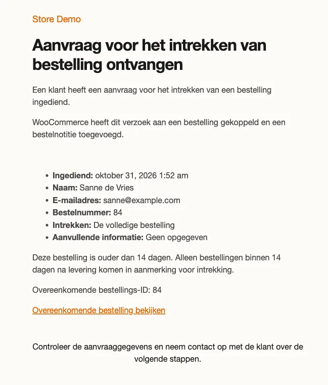 De e-mail die de winkel krijgt na een herroeping via WooCommerce, in het Nederlands. Onder de gegevens van de klant staat de waarschuwing dat de bestelling ouder is dan 14 dagen en dat alleen bestellingen binnen 14 dagen na levering in aanmerking komen, terwijl deze bestelling 5 dagen eerder was afgerond.