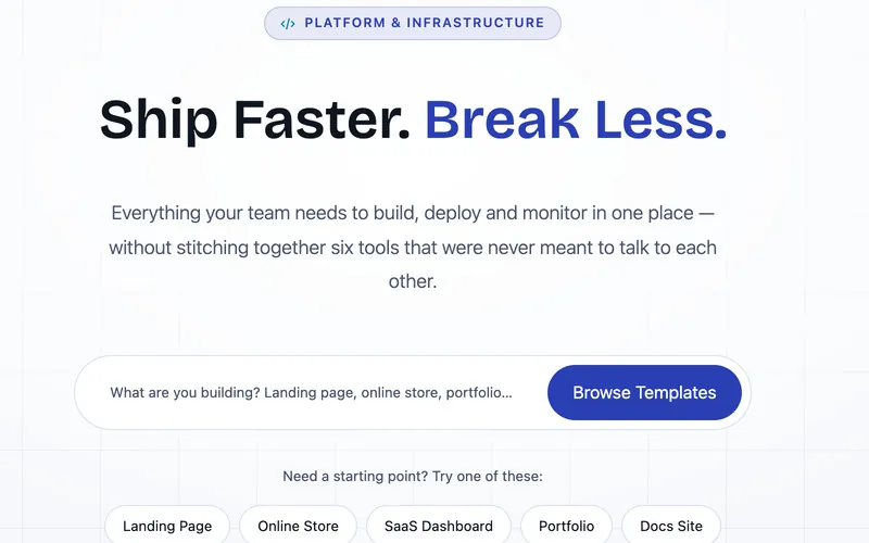 Service and SaaS demo homepage with the headline Ship Faster. Break Less.