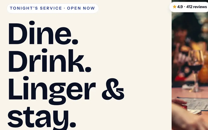 Café demo homepage with the headline Dine. Drink. Linger & stay.