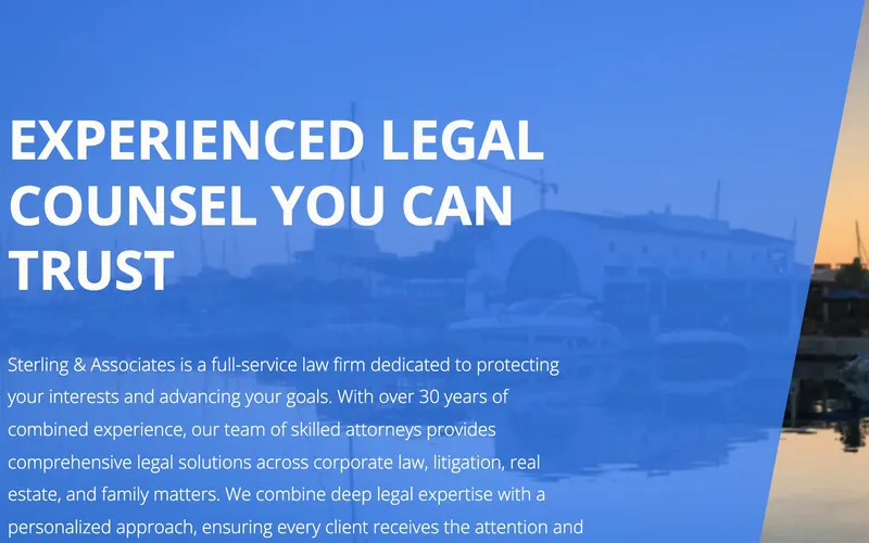 Legal demo homepage with a blue hero over a harbour at sunset