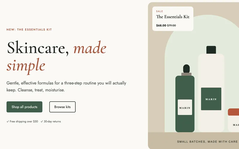 Skincare store demo homepage with product bottles