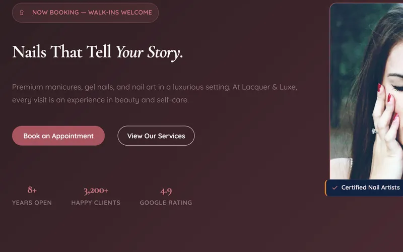 Nail salon demo homepage with a booking button