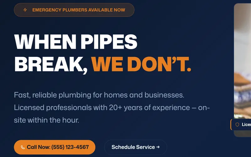 Home improvement demo homepage for a plumber with an emergency call button