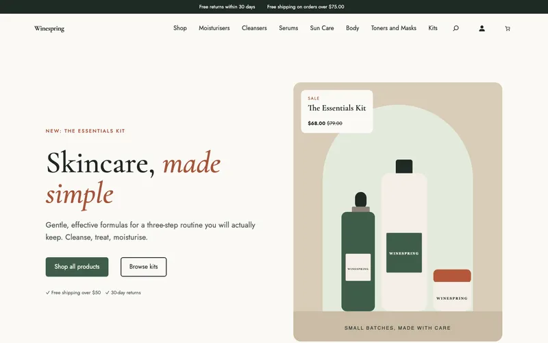 Skincare store demo homepage with product bottles