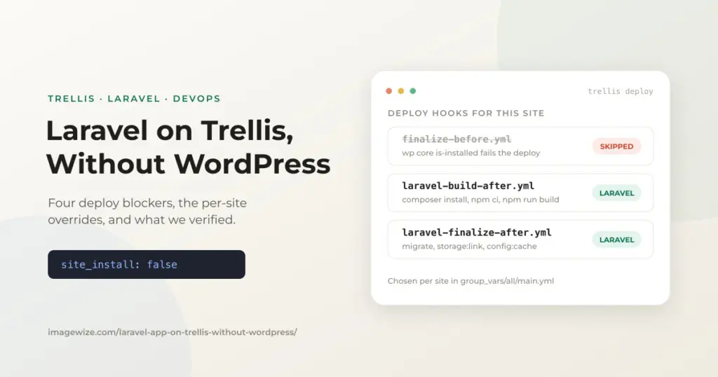 Laravel on Trellis without WordPress: deploy hooks card showing the WordPress finalize-before hook skipped and Laravel build and finalize hooks in use