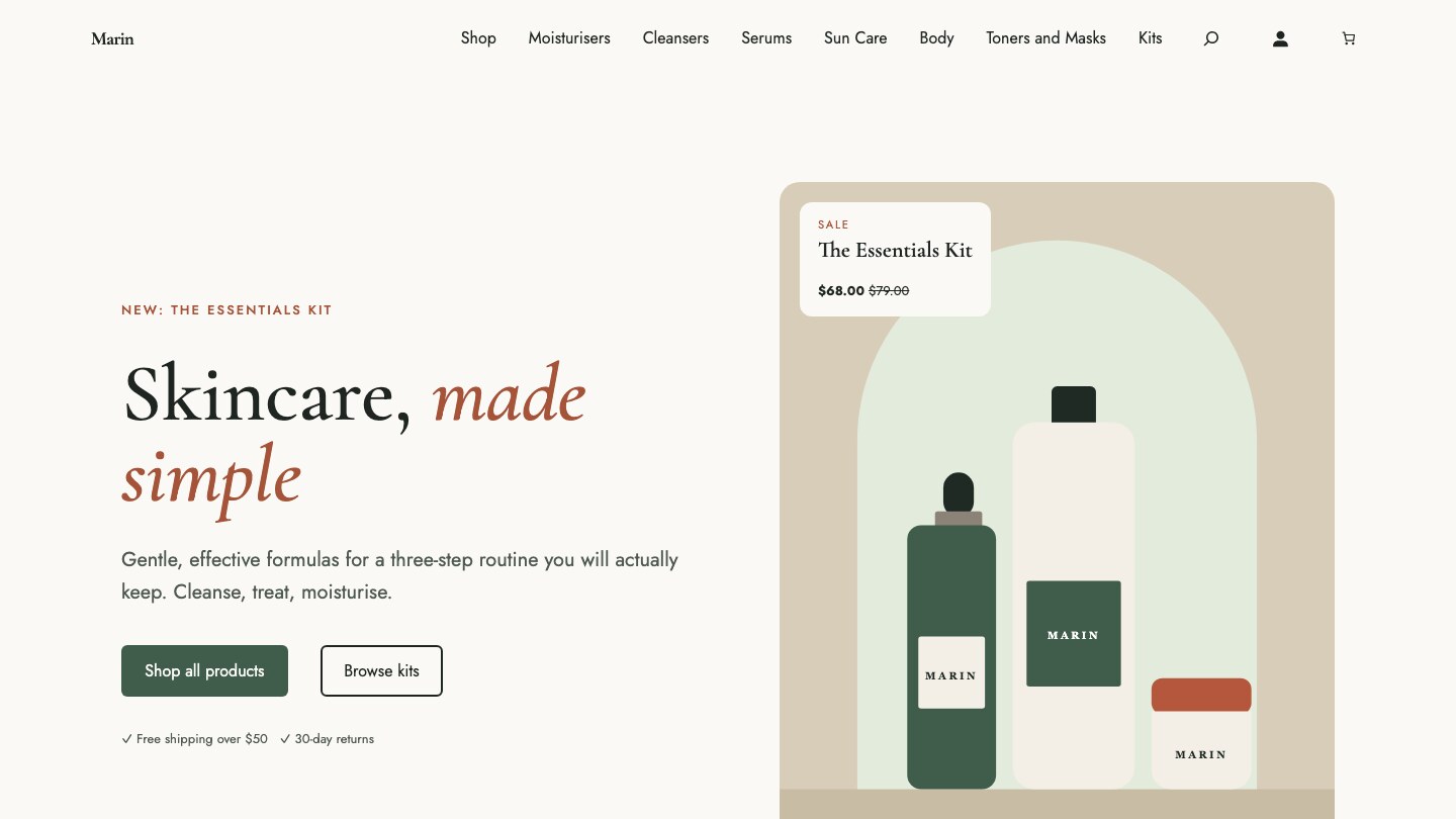 Marin demo: a skincare store home page with a hero, sale card and product illustration