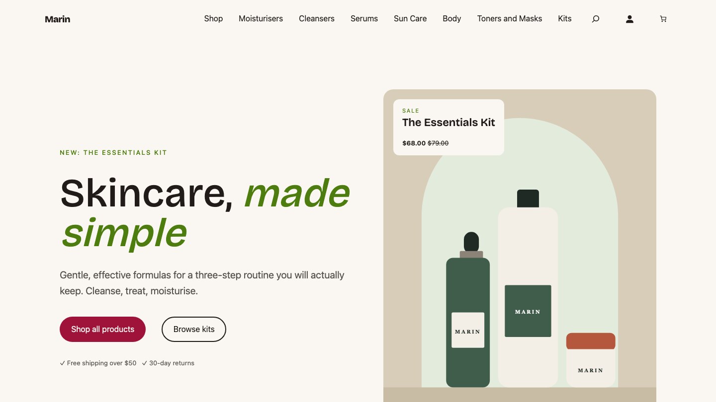 Marin demo home page: a skincare store with a hero, sale card and product illustration