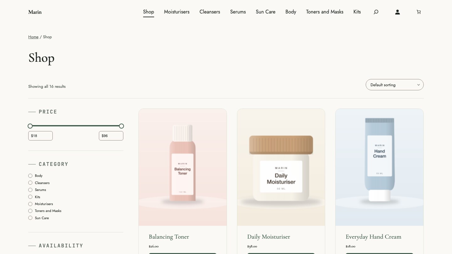 Winespring demo shop page with a filter sidebar and a product grid