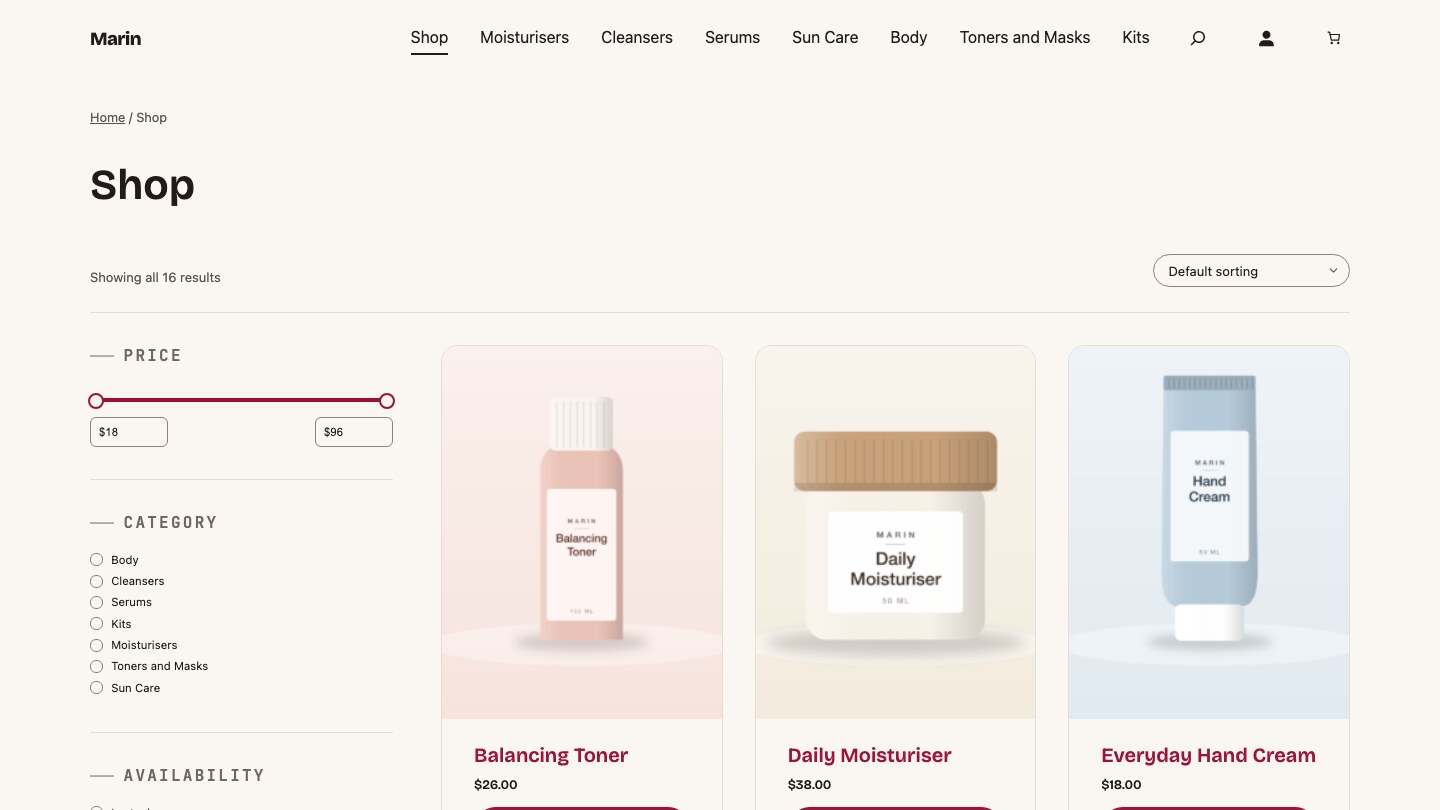 Marin demo shop page with a filter sidebar and a product grid