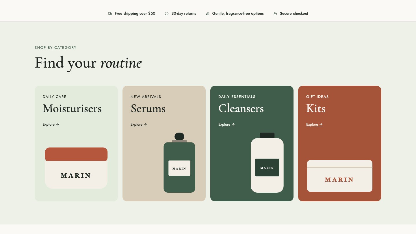 Marin Skincare variation: the Find your routine category tiles on a pale sage background with deep green and terracotta tiles