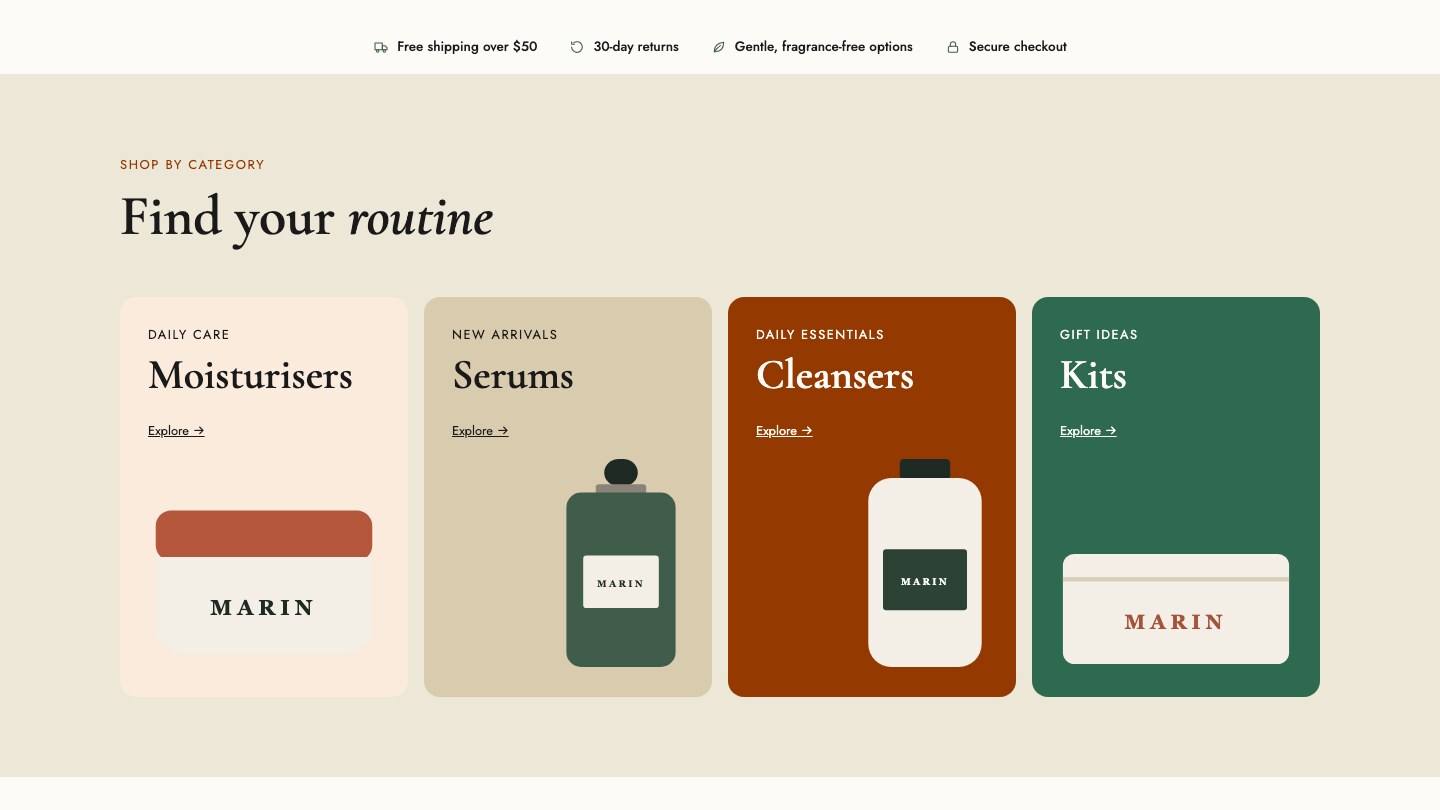 Marin Store variation: the Find your routine category tiles on a warm sand background with brown, orange and green tiles