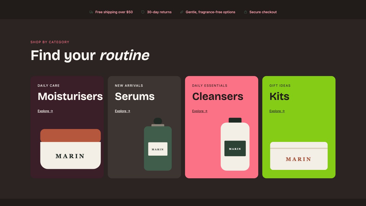Marin Twilight variation: the Find your routine category tiles on a dark background with pink and lime tiles